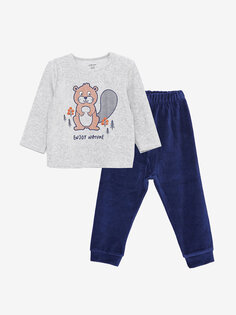 Бархатный пижамный комплект для маленьких мальчиков с круглым вырезом и принтом LCW baby, белый меланж