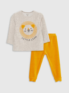 Бархатный пижамный комплект для маленьких мальчиков с круглым вырезом и принтом LCW baby, экрю меланж