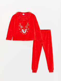 Бархатный пижамный комплект с длинными рукавами и круглым вырезом для девочек в новогоднем стиле LCW Kids, яркий красный