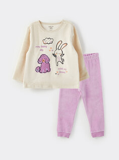 Бархатный пижамный комплект для маленьких девочек с круглым вырезом и длинными рукавами с принтом LCW baby, бежевый