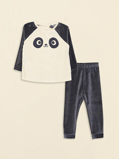 Бархатный пижамный комплект для маленьких мальчиков с круглым вырезом и длинными рукавами LCW baby, кремового цвета