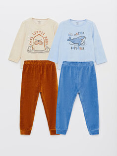 Бархатный пижамный комплект для мальчика с круглым вырезом и длинными рукавами с принтом, 2 предмета LCW baby