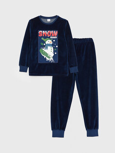 Бархатный пижамный комплект для мальчиков с круглым вырезом и длинными рукавами с вышивкой LCW Kids