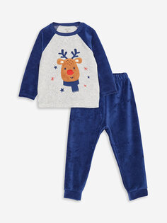 Бархатный пижамный комплект для маленьких мальчиков с круглым вырезом и принтом LCW baby, белый меланж