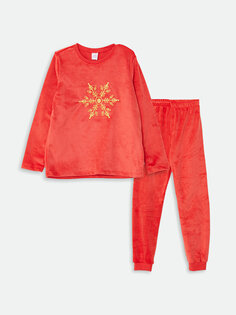 Бархатный пижамный комплект для девочек с круглым вырезом и длинными рукавами LCW Kids, яркий красный