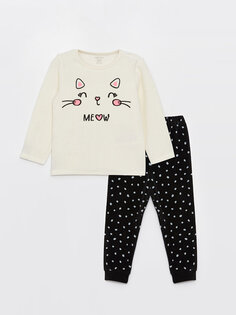 Бархатный пижамный комплект для маленьких девочек с круглым вырезом и длинными рукавами с вышивкой LCW baby, экрю