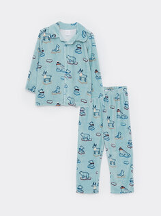 Бархатный пижамный комплект для маленьких мальчиков с воротником-поло и длинными рукавами с принтом LCW baby