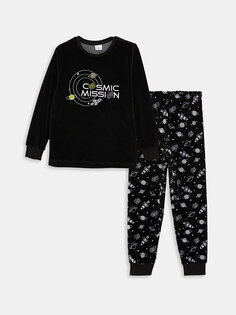 Бархатный пижамный комплект для мальчика с круглым вырезом и длинными рукавами LCW Kids