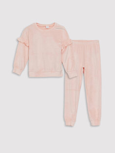 Бархатный пижамный комплект для девочек с круглым вырезом и длинными рукавами LCW Kids, розовый