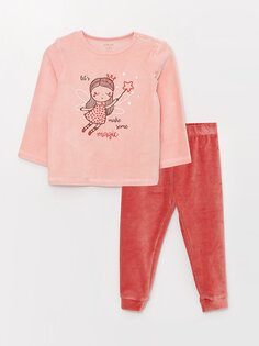 Бархатный пижамный комплект для маленьких девочек с круглым вырезом и длинными рукавами с принтом LCW baby, светло-розовый