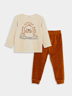 Бархатный пижамный комплект для маленьких мальчиков с круглым вырезом и принтом LCW baby, бежевый