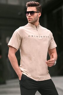 Бежевая мужская футболка с воротником на молнии 5858 MADMEXT