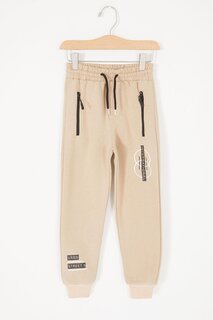 Бежевые спортивные штаны в рубчик для мальчиков на молнии с карманами и текстовым принтом 17046 Cansın Mini