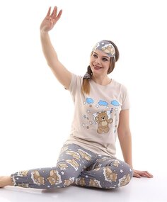 Бежевый женский пижамный комплект с короткими рукавами и принтом плюшевого мишки в полоску для сна CALİMERA MODA