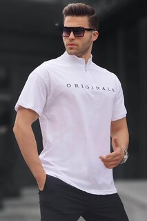 Белая мужская футболка с воротником на молнии 5858 MADMEXT