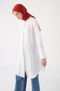 Белая стильная туника-рубашка с широкими манжетами на пуговицах ALL DAY
