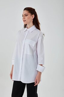 Белая туника-рубашка с вырезами на манжетах Mizalle