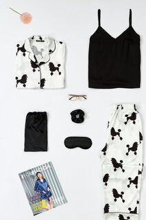 Белый атласный пижамный комплект из 6 предметов с узором собаки FOR YOU MODA