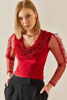 Блузка-пачка бордово-красного цвета с V-образным вырезом 3YXK2-47243-05 XHAN