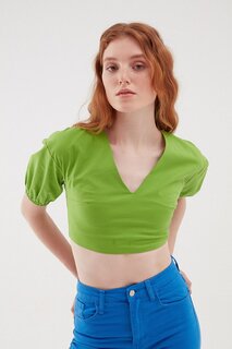 Блузка с открытой спиной и рукавами-фонариками Зеленая QUZU