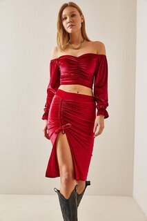 Бордово-красная бархатная юбка-миди со сборками и разрезом 4KXK7-47788-05 XHAN