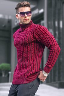 Бордово-красный вязаный свитер с высоким воротником и детальной отделкой 6317 MADMEXT