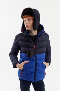 Водо- и ветронепроницаемое пальто с капюшоном на толстой подкладке для мальчика RMK-003 River Club, темно-синий-сакс