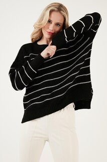 Вязаный свитер в полоску с длинной спинкой и круглым вырезом 4616133 Lela, черный-кэмел