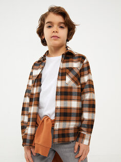 Габардиновая рубашка в клетку с длинными рукавами для мальчика LCW Kids, коричневый плед