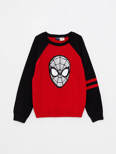 Двусторонний трикотажный свитер для мальчика с длинными рукавами и круглым вырезом «Человек-паук» LCW Kids, яркий красный