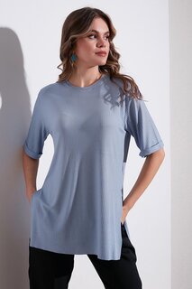 Детальная блузка Oversize с круглым вырезом и разрезом 5863683 Lela, синий