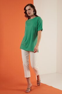 Детальная блузка Oversize с круглым вырезом и разрезом 5863683 Lela, темно-зеленый