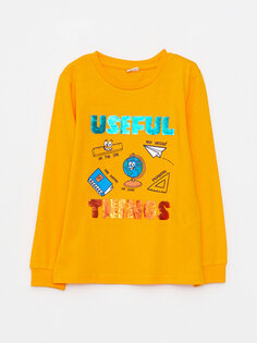 Двусторонняя футболка с длинными рукавами и пайетками с принтом и круглым вырезом для мальчиков LCW Kids, апельсин