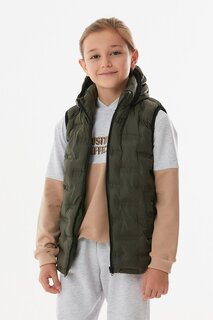Детский пуховик унисекс с капюшоном и карманами на кнопках Fullamoda, хаки