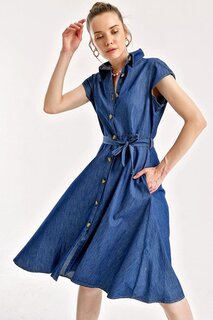 Джинсовое Платье 1677 С Поясом На Пуговицах Bigdart, темно-синий