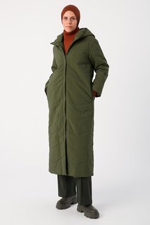 Длинное стеганое пальто цвета хаки с капюшоном и кнопками ALL DAY