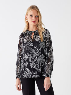 Женская блузка оверсайз с длинными рукавами и воротником-стойкой с узором LCWAIKIKI Classic, черный с принтом