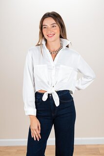 Женская белая укороченная рубашка с завязками снизу ECROU