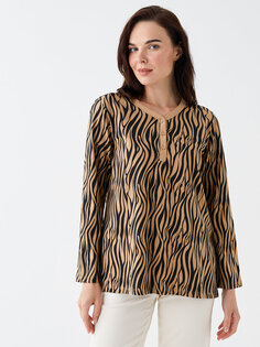 Женская блузка с длинным рукавом и V-образным вырезом с рисунком LCW Grace, коричневый с принтом