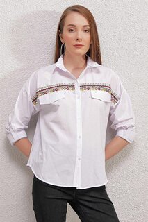 Женская белая рубашка с карманами и клапанами с вышивкой Z Giyim
