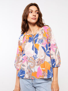 Женская блузка из поплина с завязочным воротником и узором LCWAIKIKI Classic