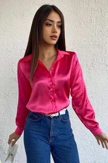 Женская базовая атласная рубашка из струящейся вискозы розового цвета Z Giyim