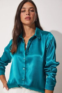 Женская базовая атласная рубашка из струящейся вискозы синего цвета Z Giyim