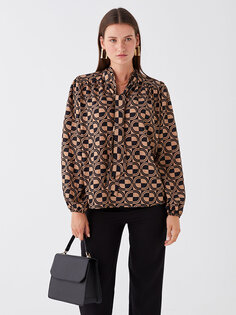 Женская блузка оверсайз с длинными рукавами и воротником-стойкой с узором LCWAIKIKI Classic, коричневый с принтом