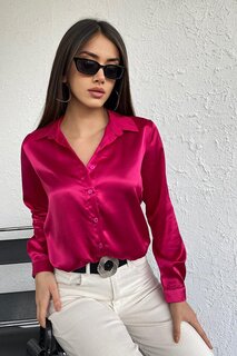 Женская базовая атласная рубашка из струящейся вискозы цвета фуксии Z Giyim