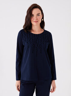 Женская блузка с длинным рукавом с круглым вырезом и рисунком LCW Grace, темно-синий