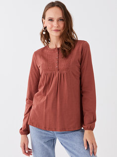 Женская блузка с длинным рукавом с круглым вырезом и вышивкой LCW Grace, коричневый