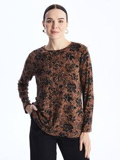 Женская блузка с длинным рукавом с круглым вырезом и рисунком LCW Grace, светло-коричневый с принтом