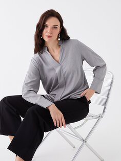 Женская блузка с длинным рукавом со свободным воротником и узором LCW Grace, серый