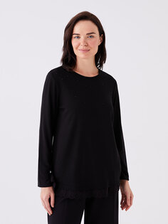 Женская блузка с длинным рукавом и круглым вырезом с каменным принтом LCW Grace, новый черный